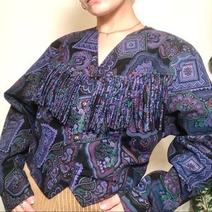 Vintage ROUGHRIDER Fringe Button Down Long Sleeve Multicolor Top